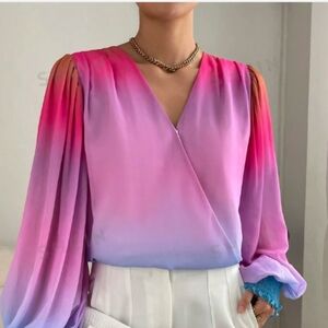 Shein Blouse Womens Size L Pink Tie Dye Long Sleeve V-Wrap Neck Elastic Waist